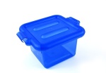 A blue, heavy duty plastic storage bin