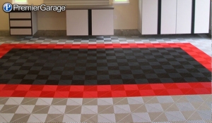 PremierFlex garage floor tiles in black, red and gray, arranged in pattern